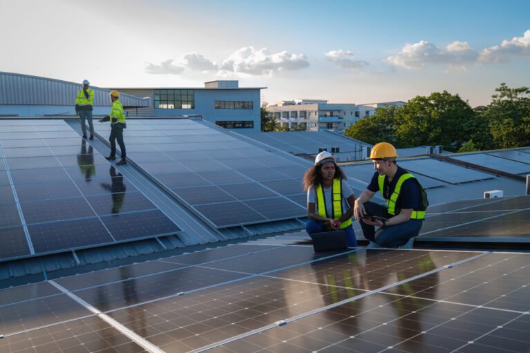 Engineer service check installation solar cell on the roof of factory. Engineers walking on roof inspect and check solar cell panel. Engineer working inspection installation solar cell on the roof