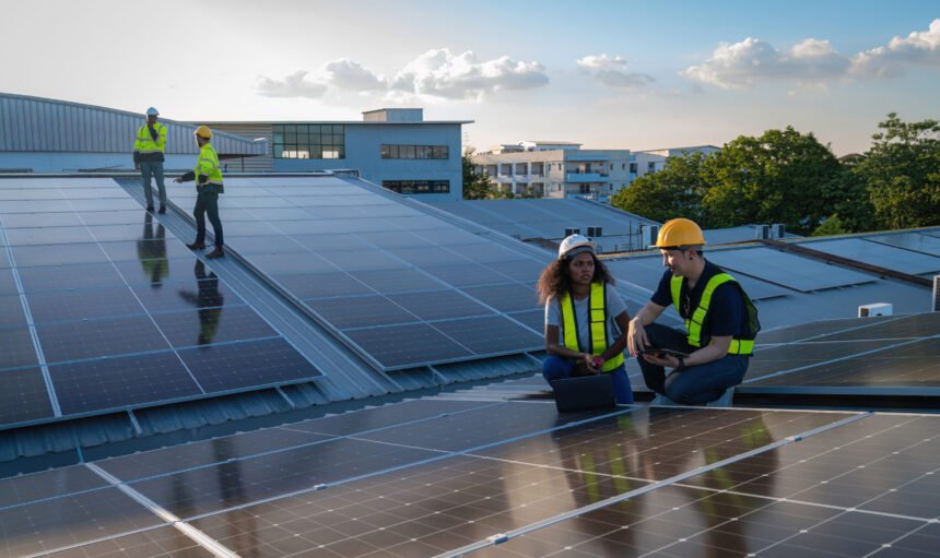 Engineer service check installation solar cell on the roof of factory. Engineers walking on roof inspect and check solar cell panel. Engineer working inspection installation solar cell on the roof
